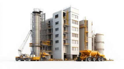 A construction site featuring a partially built multi-story concrete structure with exposed floors