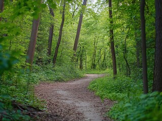 Obraz premium Winding Pathway Through Lush Green Forest With Fallen Leaves On Trail Ground