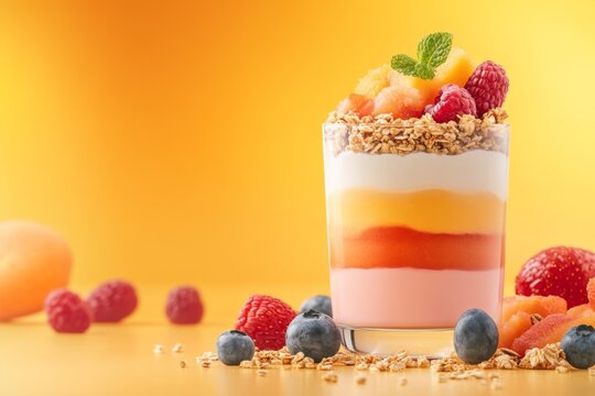 A geometric depiction of a yogurt parfait with layered colors representing fruit, yogurt, and granola, placed on a bright yellow background