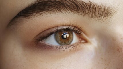 Obraz premium Close-up shot of a brown human eye with visible eyelashes and eyebrow captured in soft focus with light beige skin