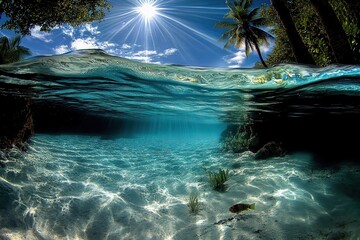 Obraz premium a tropical paradise with clear turquoise waters, sun rays shining through the ocean surface, and a colorful fish swimming near the sandy bottom, surrounded by palm trees and lush greenery