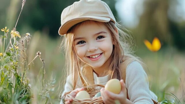 Cheerful child standing in grassy field, holding woven basket filled with colorful easter eggs, displaying single egg