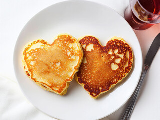 Heart shaped pancakes on plate with syrup and glass of drink
