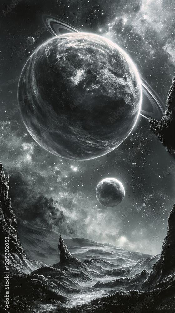 Canvas Prints distant planets and a swirling black hole in outer space landscape surreal background. generative ai