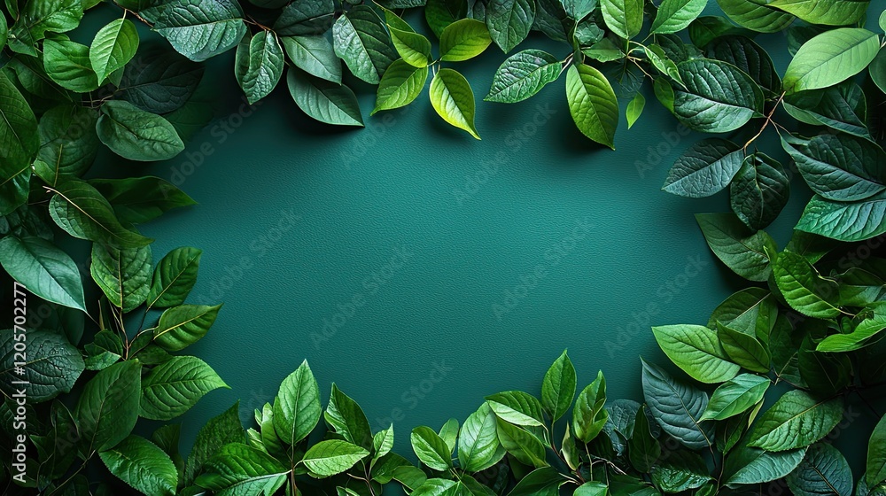Poster green leaves arranged in a natural frame on a teal background creating a vibrant and refreshing disp