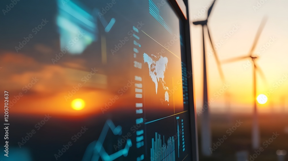 Poster high tech renewable energy data analytics dashboard with wind turbines at sunset