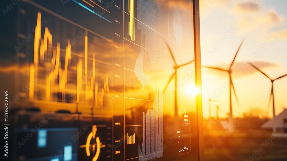 Poster renewable energy data dashboard showcasing charts graphs and maps of wind turbine powered clean