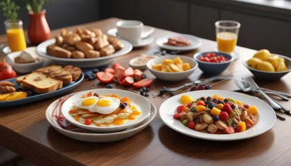 A breakfast plate on the edge of a table, with food spilling outwards in all directions , plate, accident