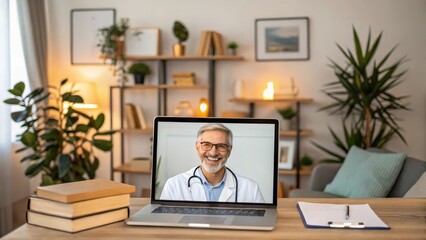 Smiling Male Doctor Consults via Laptop on Wooden Table