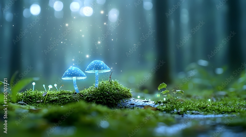 Aufkleber glowing bioluminescent mushrooms nestled in the lush moss covered undergrowth of an enchanted fairy 