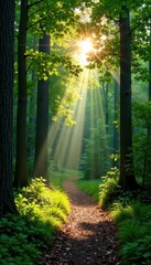 Fototapeta premium Path through forest with sunlight filtering through trees, natural light, forest path, nature