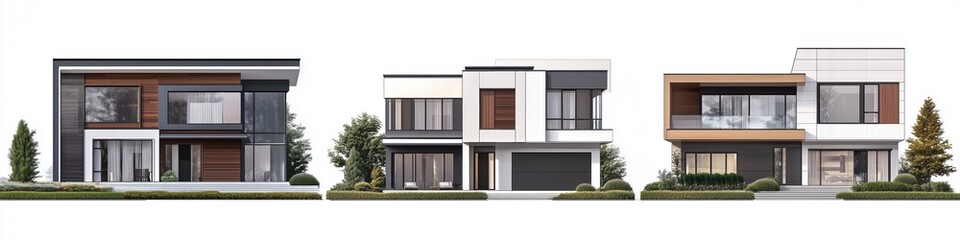 Three modern Contemporary house style facades showcasing different architectural styles. The first features a mix of wood and white panels, the second has a sleek design with large windows.