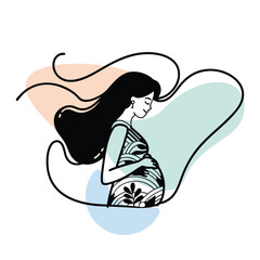 Abstract Line Art of a Pregnant Woman, Elegant Pregnant Woman Line Art Illustration, Serene Pregnancy Illustration with Flowing Hair, Pregnant Minimalistic Maternity Design, vector art illustration.