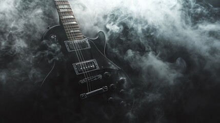 An isolated electric guitar on a stand with a single spotlight shining down with an atmospheric haze, copy space for text