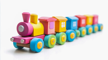 Vibrant, colorful wooden toy train designed for children