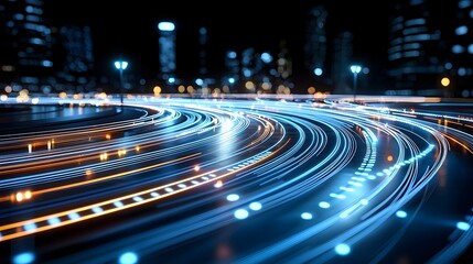 Glowing fiber optic strands swirling in mesmerizing abstract patterns creating a futuristic and visually striking high tech light display