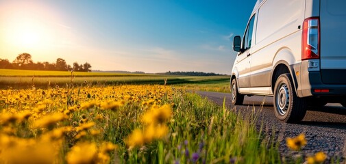 A white van parked by a vibrant field of yellow flowers under a clear blue sky at sunset, capturing a serene moment in nature.