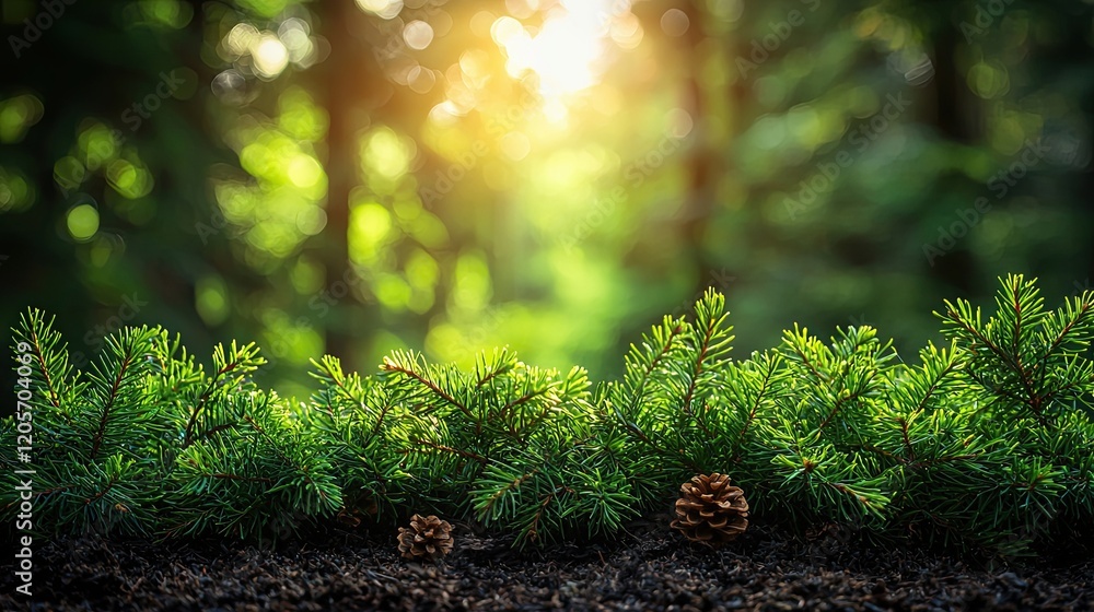 Poster sunlight filters through forest trees illuminating pine branches and cones in a peaceful natural set