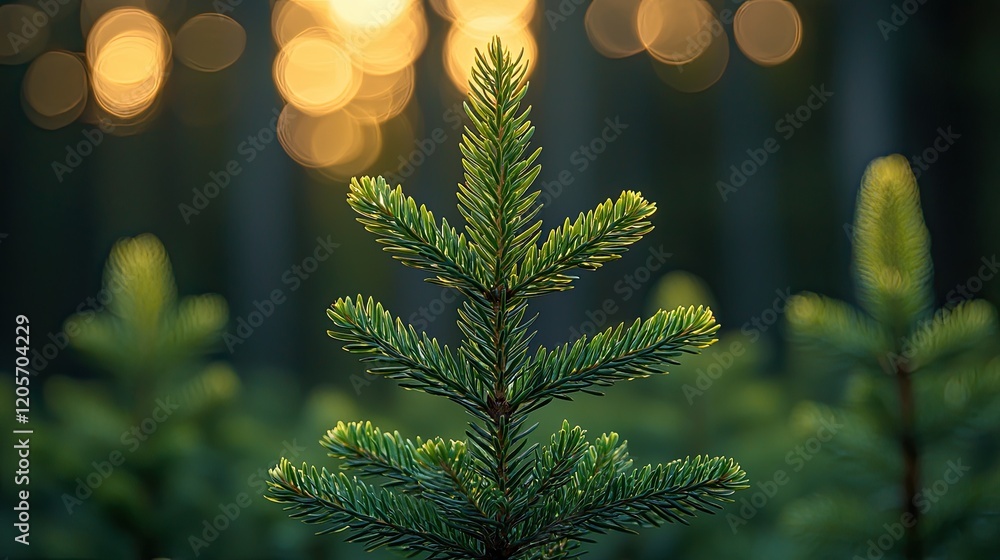 Aufkleber green spruce tree stands out in a forest during golden hour with soft bokeh in the background