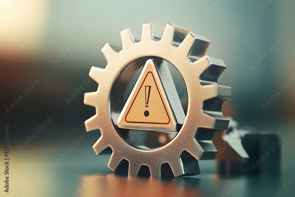 Poster mechanical gear with caution triangle and exclamation mark symbol representing system malfunction