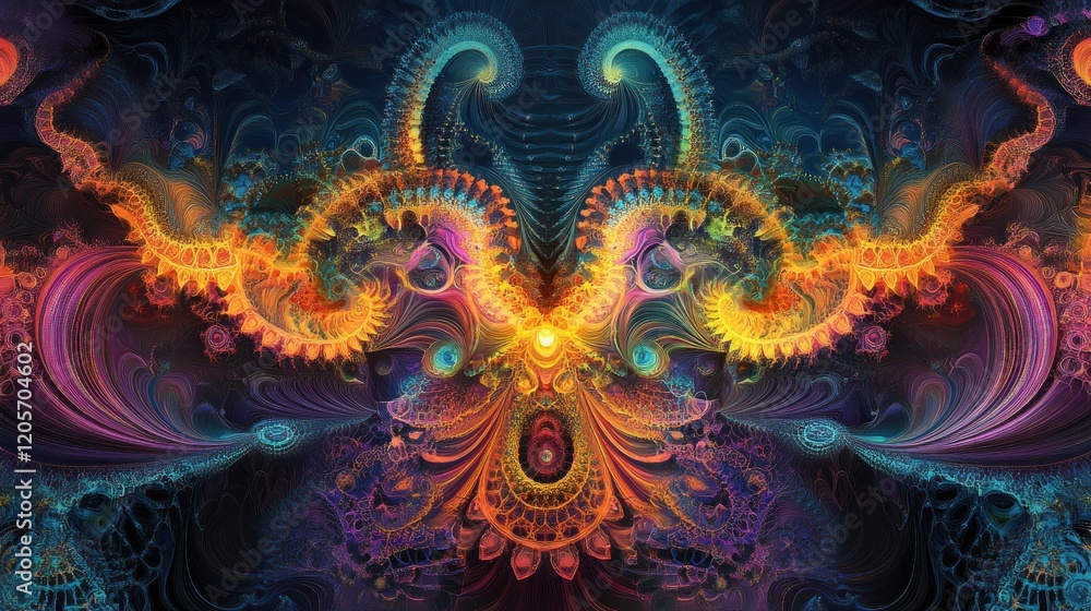 Poster symmetrical fractal patterns in gradient neon tones create an abstract visual experience