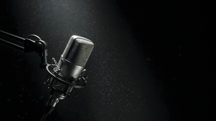 Studio Microphone with Shock Mount and Boom Arm in Dramatic Spotlight, Creating a Stylish and Professional Atmosphere
