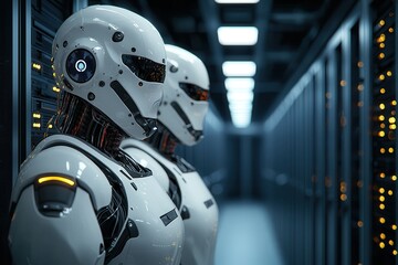 Fototapeta premium Strategic corporate event planning with technology Robots in a high-tech server room environment.