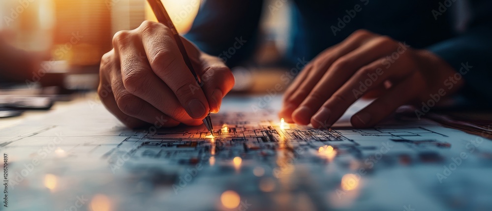 Poster a pair of hands is sketching designs on a blueprint, illuminated by soft lights, capturing a moment 