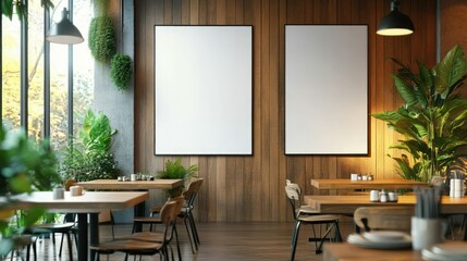 A modern restaurant interior featuring two blank retractable banners placed in the foreground.