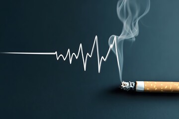 Conceptual Visualization of Cigarette Smoke Forming an ECG Pattern in a Dark Moody Background
