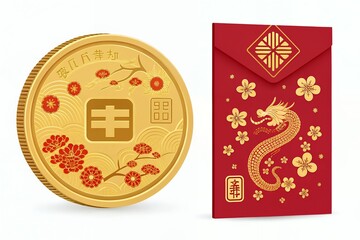 chinese new year card China Lantern, 3d Paper cut Flowers on Red Background. Place for Text. Gold Pattern Card