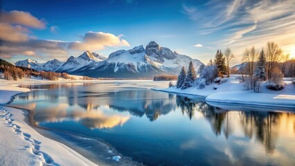 Serene winter landscape with snow-covered mountains and frozen lake