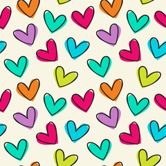 seamless pattern featuring colorful, hand-drawn hearts in various shades of pink, purple, blue, green, and orange on a light background, creating a playful and vibrant design