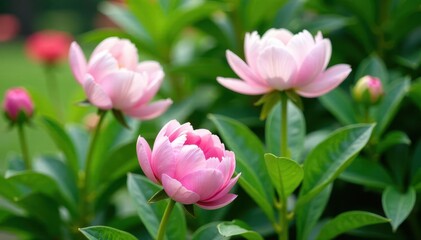 Obraz premium Soft pink and white peony flowers in full bloom amidst lush green foliage, background, garden, garden decor