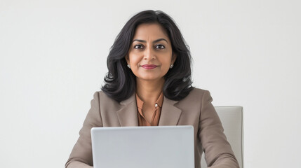 Fototapeta premium indian businesswoman working on laptop in a white wall background | Cheerful woman employee in office | Indian woman employee