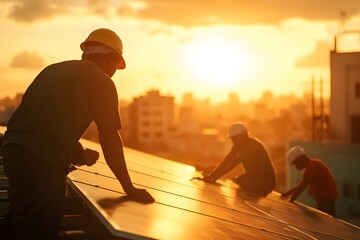 Team of Workers Installing Solar Panels on Rooftop Under Midday Sun