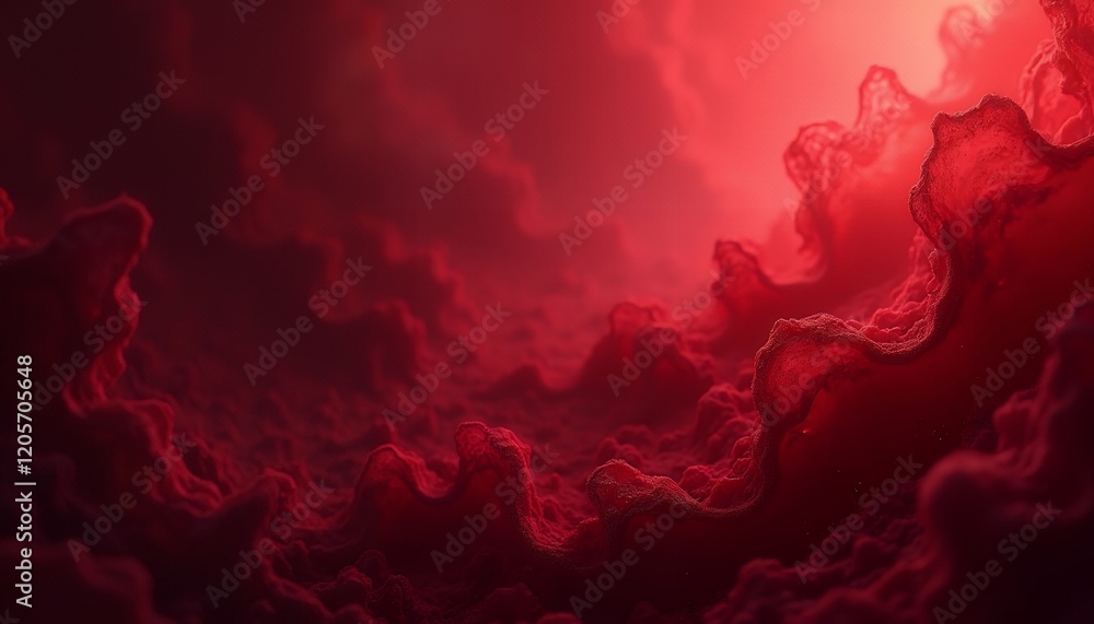 Poster crimson abyss: a deep dive into a surreal red landscape of undulating forms and textured depths