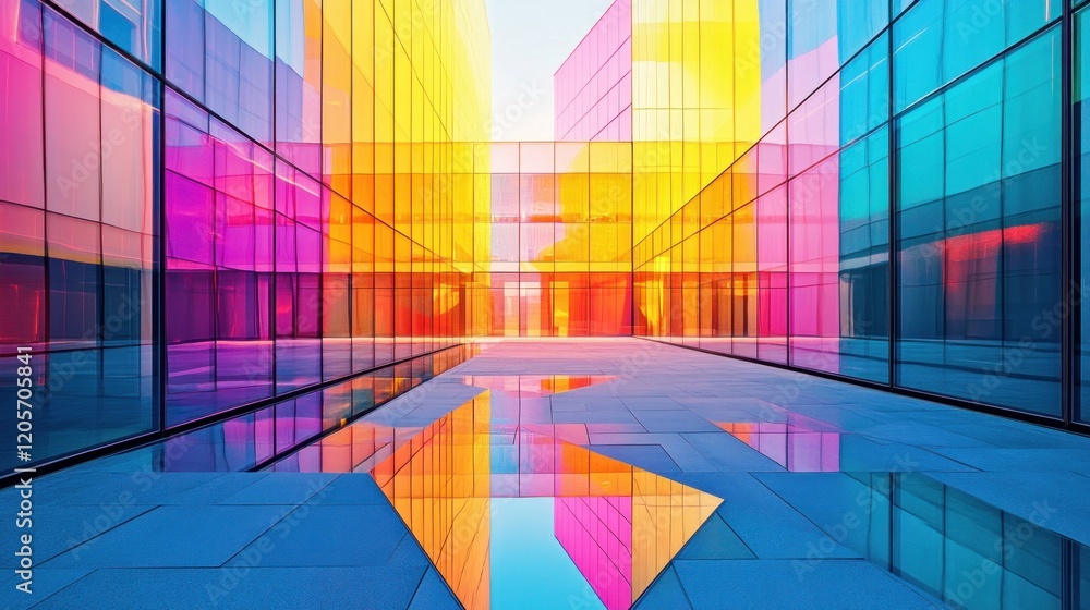 Poster symmetrical geometric forms in vibrant gradient pattern of a modern building exterior