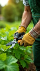 A close-up of a gardener's hands wearing yellow gloves, carefully trimming plants with pruning shears. The vibrant green leaves and soft sunlight create a serene and focused gardening atmosphere.