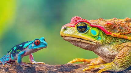 Naklejka premium animal,habitat,invasive species A vibrant close-up of two frogs, showcasing a colorful detail on their skin and eyes against a blurred natural background.