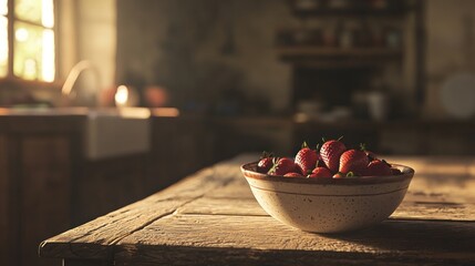 Sunlit strawberries in rustic bowl on old wooden table.