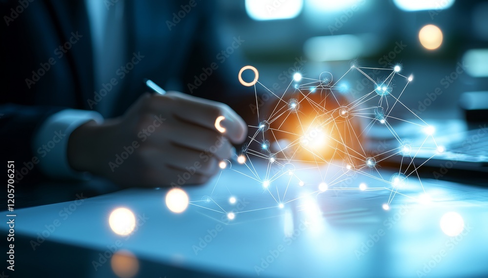 Poster a business professional writes while interacting with a glowing network of digital connections, symb