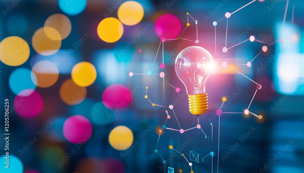 Poster a glowing light bulb surrounded by colorful bokeh and digital network elements, symbolizing innovati