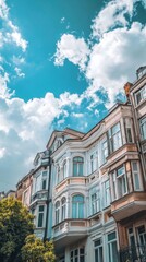 Obraz premium Elegant building facade under a bright blue sky with fluffy clouds in the background.