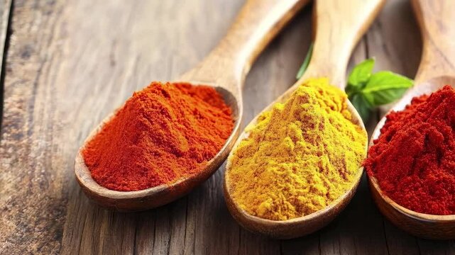Assorted spices in wooden spoons on rustic background