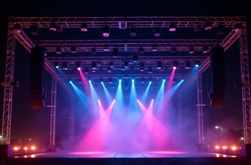 Elegant award stage illumination, converging spotlight beams, deep colorful gradient, falling golden confetti, atmospheric dust particles, premium lighting effects