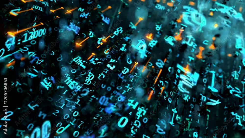 Poster digital binary code cascading with glowing orange accents on a b