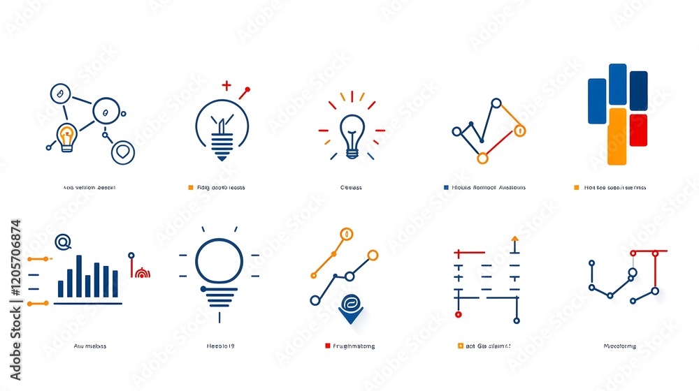 Fototapete A collection of clean and sharp line icons showcasing various data visualization elements like bar graphs  line charts  and performance tracking tools for business  analytics