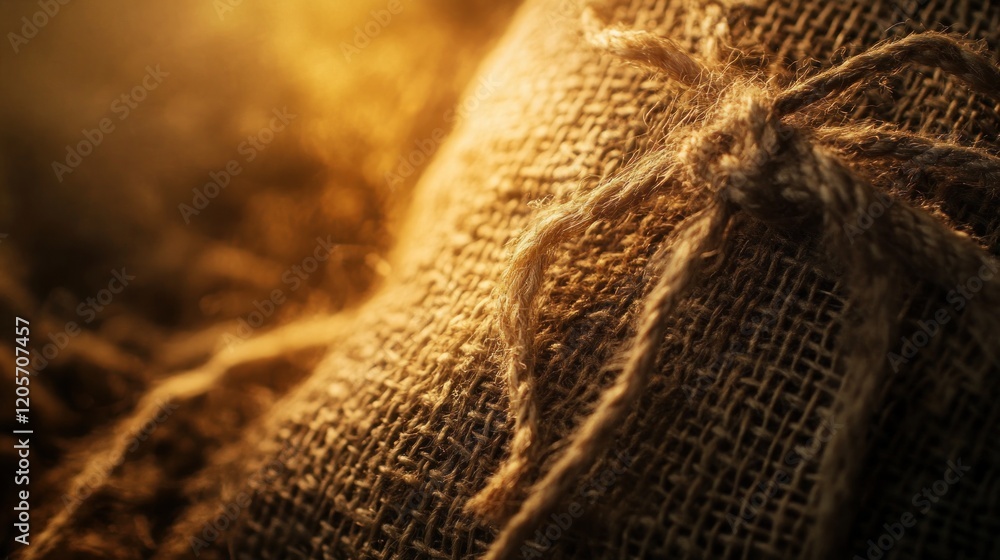 Poster textured burlap background with visible natural fibers and golden light creates a rustic feel