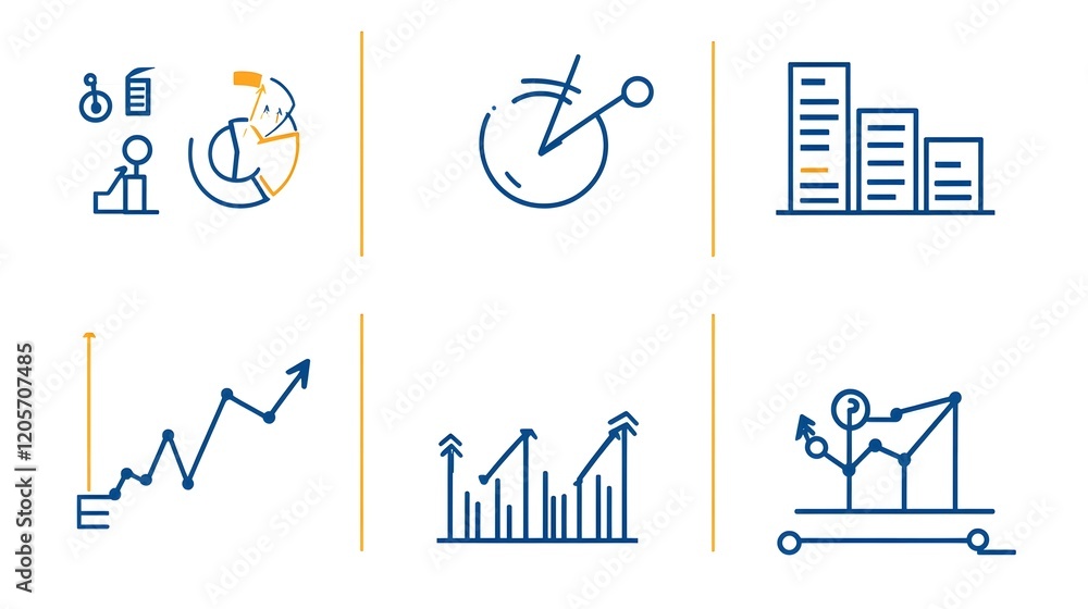 Fototapete Set of 6 professional line icons for data visualization  performance tracking  and growth analysis featuring bar graphs  pie charts  and arrows  These minimalist  flat icons are perfect for business